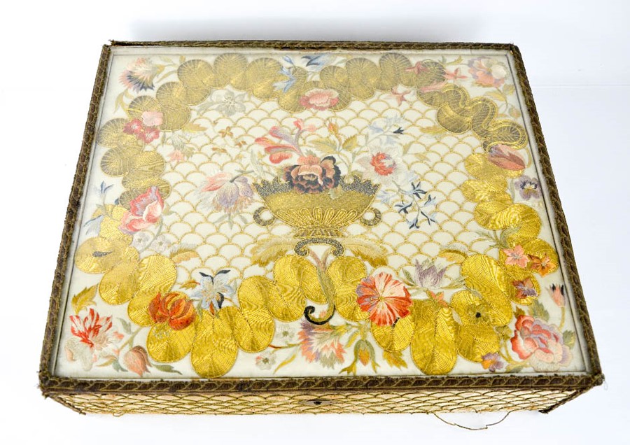 A 19th century needlework box, with an embroidered lid depicting an urn and flowers, beneath - Image 2 of 4