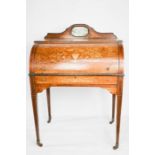 A 19th century rosewood ladies writing desk with inlaid roll top bureau, depicting an urn and