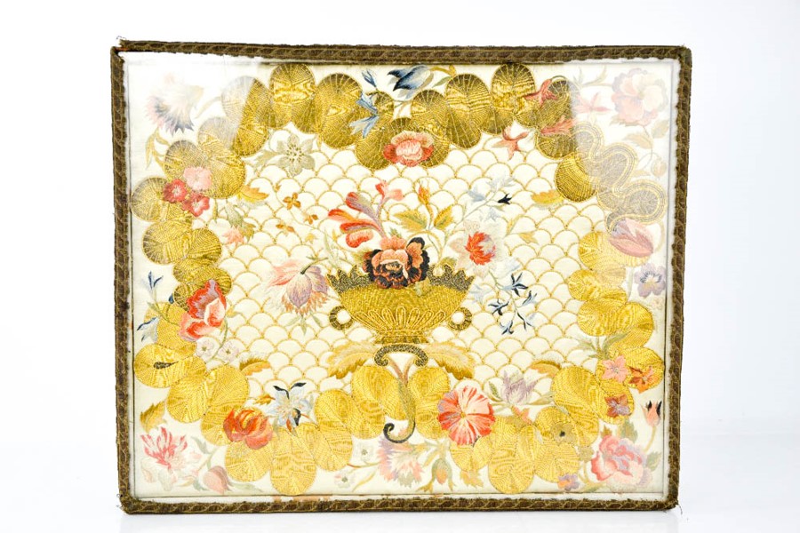 A 19th century needlework box, with an embroidered lid depicting an urn and flowers, beneath - Image 4 of 4