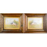 A pair of 19th century porcelain plaques painted with gundogs and game birds in flight, signed R