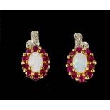 A pair of opal, pink sapphire and diamond earrings 2.6g.