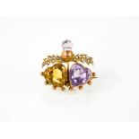 A gold [tested] Amethyst, Citrine and seed pearl brooch 3.7g