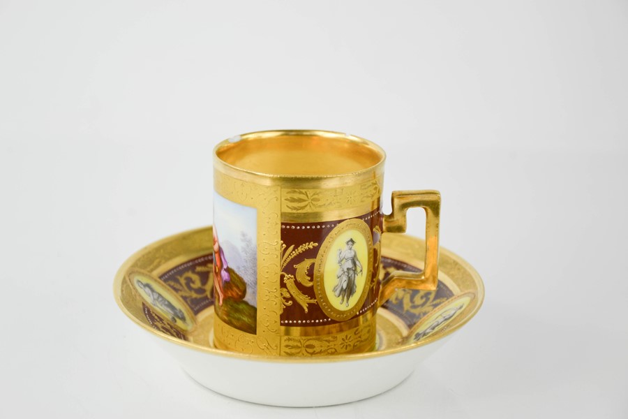A fine early 19th century Vienna porcelain coffee can and saucer, hand painted to depict courting - Image 2 of 5