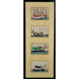 A set of four gouache on pith paper Chinese paintings, depicting junks.