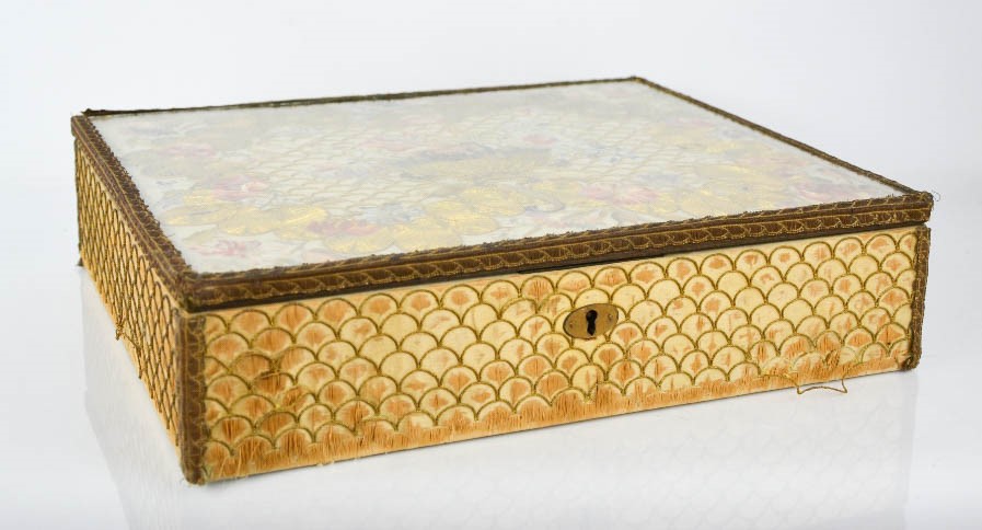 A 19th century needlework box, with an embroidered lid depicting an urn and flowers, beneath