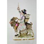 A 19th century Meissen porcelain figurine; a tailor riding goat, by Kaendler model 171, 26cm high.