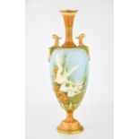 A fine Royal Worcester vase, painted with swans in flight, by Charles Baldwyn, on a powder blue