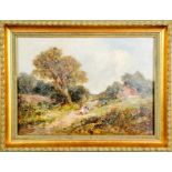 E. Meadows (19th century): landscape with figures and a cottage, signed and dated 1867, 10ins by