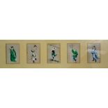A set of five gouache on pith paper figures, in various poses.