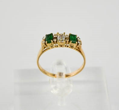 A 14ct yellow gold, emerald and diamond ring, size O, 2.8g. - Image 2 of 2