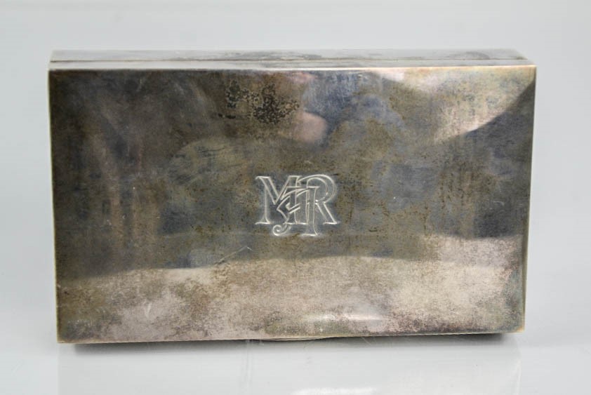 A silver cigarette box, with cedar lined interior, monogrammed to the top MRH. - Image 3 of 3