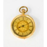 An 18ct gold pocket watch, Roman numeral dial and machine engraved decoration, inscription to the