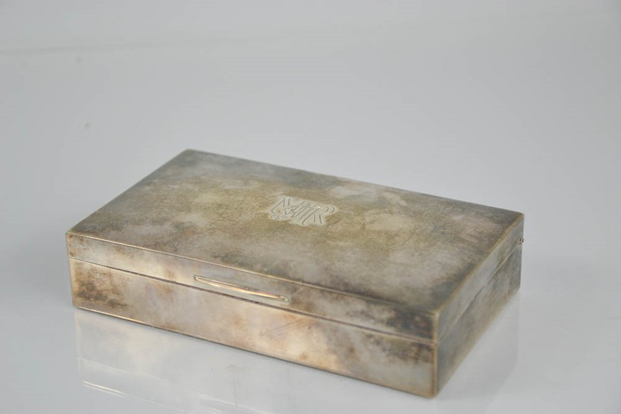 A silver cigarette box, with cedar lined interior, monogrammed to the top MRH. - Image 2 of 3