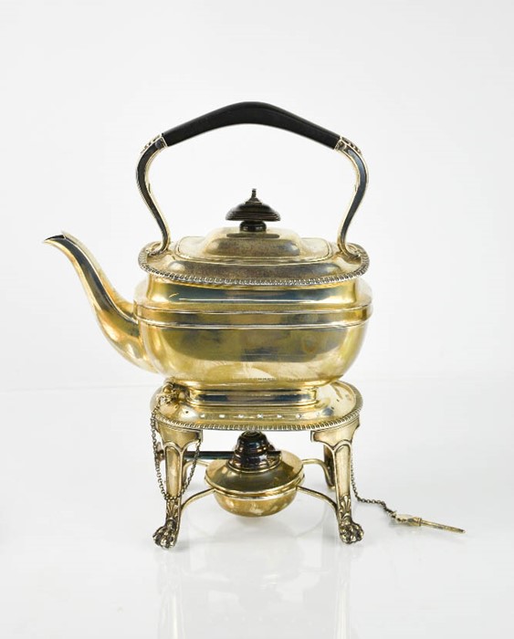 A silver kettle on stand, with silver plated burner, Sheffield 1918, 28cm high, 43toz total