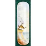 A Royal Worcester oblong form plaque, painted with cormorants on a cliff, signed Johnson, 15cm long,