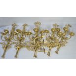 A set six matching large brass wall lights, each with three branches - 50cm x 35cm