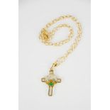 A 9ct gold, diamond and emerald cruciform pendant and 9ct gold chain, 3.4g.