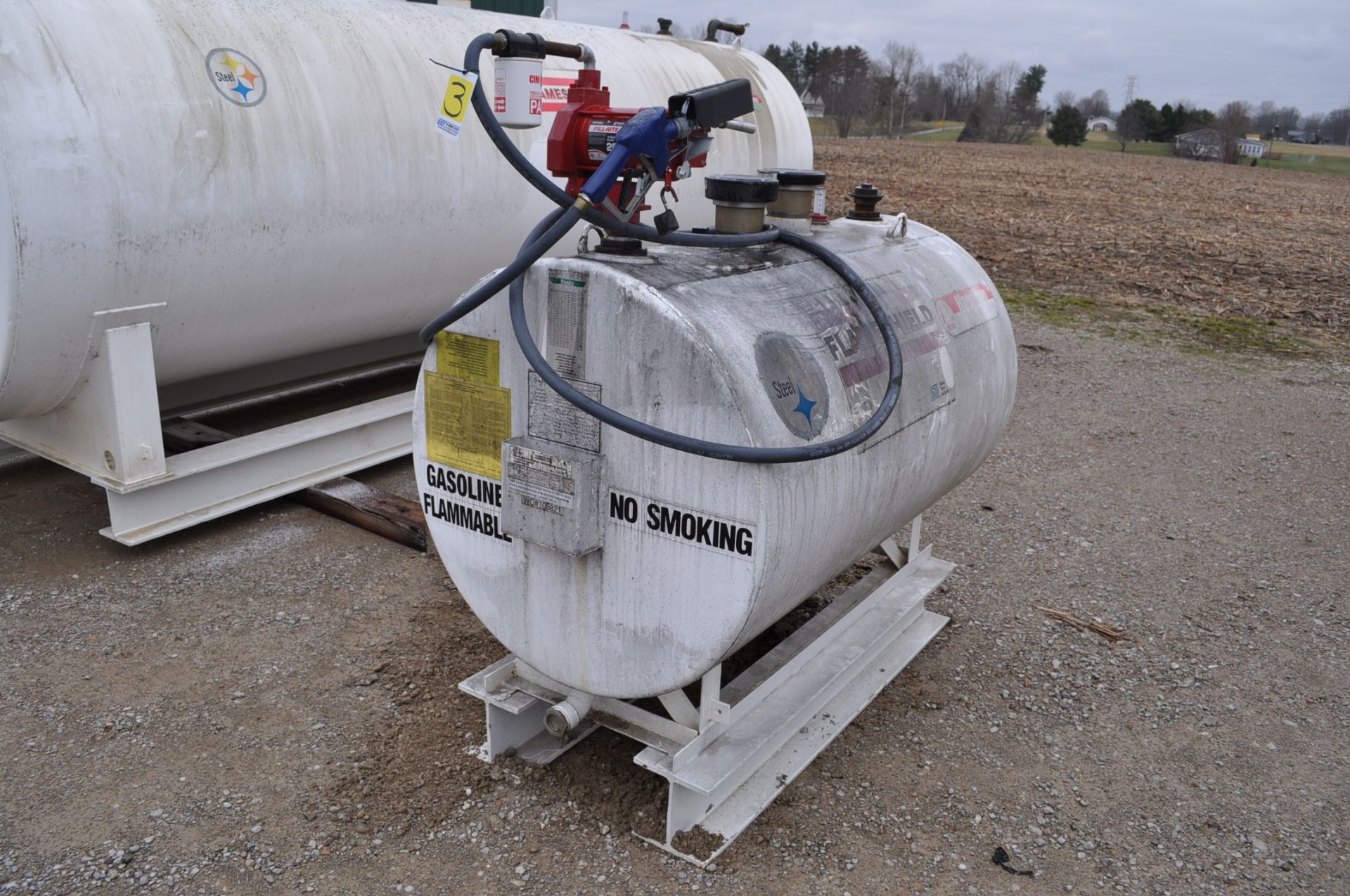 300 gallon dual wall flame-shield fuel tank, on skid, Fill-rite 20 GPM 110v pump, auto nozzle