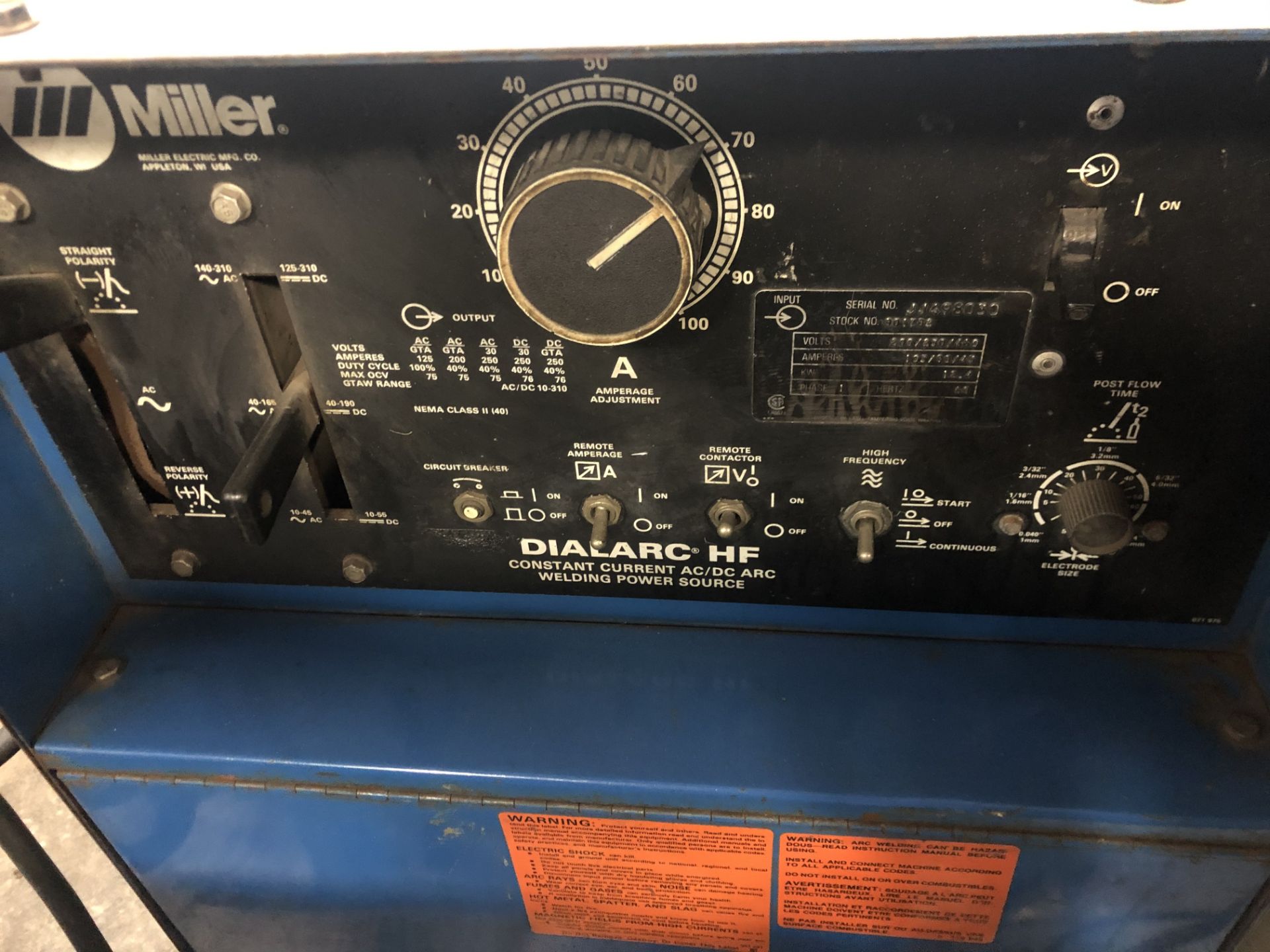 Miller DialARC HF TIG/Stick welder, set up for TIG welding, 50' TIG leads, single phase