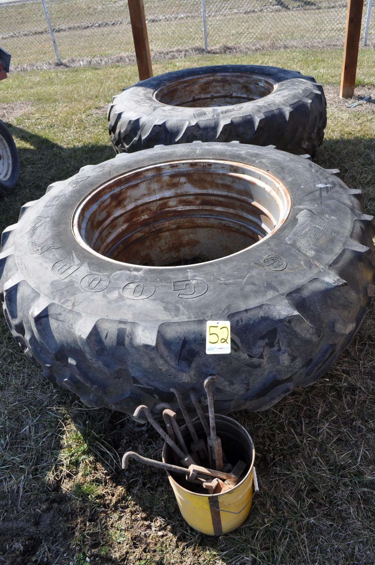 Pair of 20.8 R 38 goodyear tires with clamp on dual rims