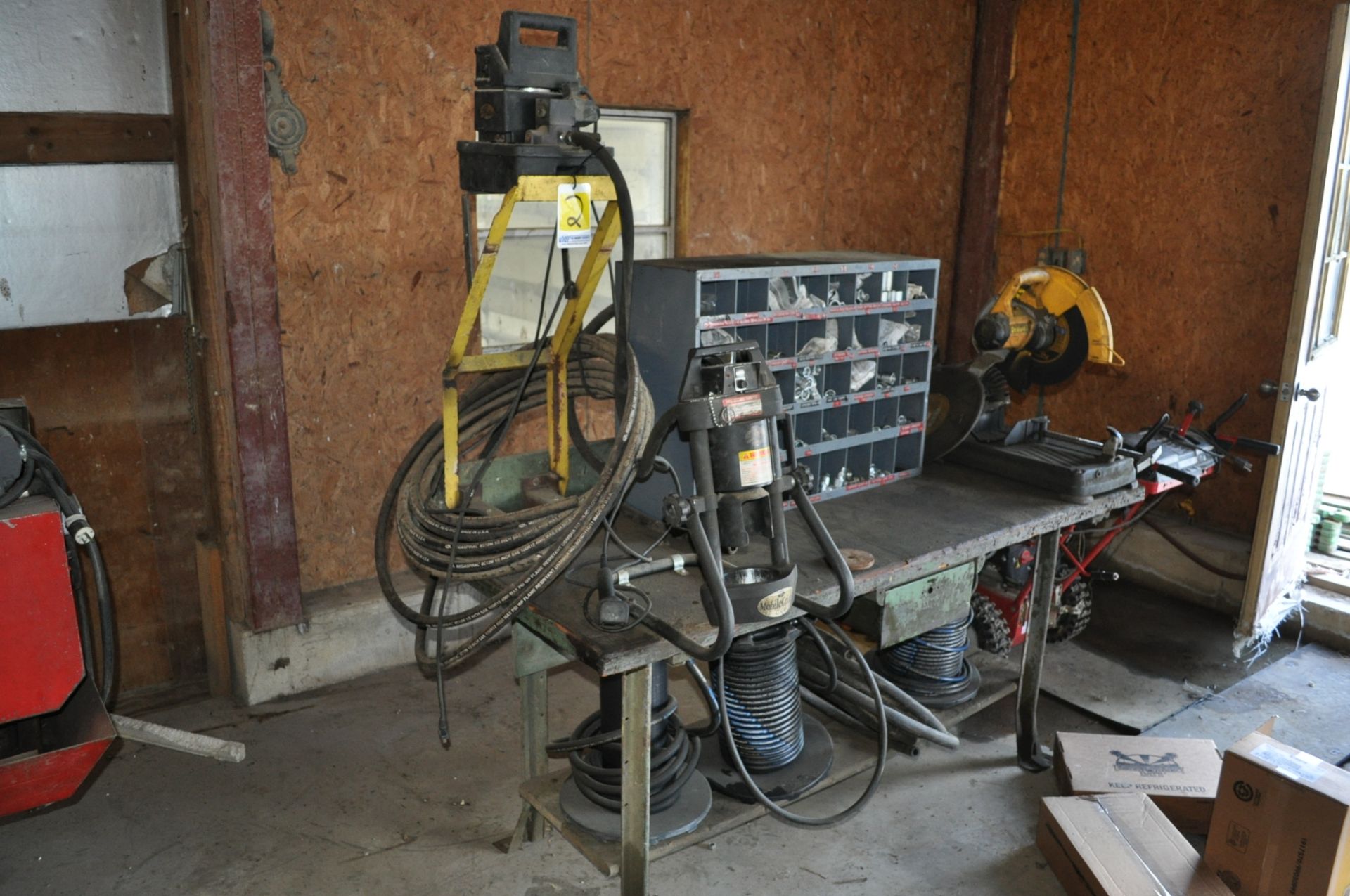 Gates hose crimping system, heavy steel table and cabinet, cut off saw, mobile crimp option,