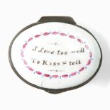 A Bilston Enamel Patch Box "I Love Too Well.