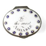 A Bilston Enamel Patch Box "To the Most Amiable"