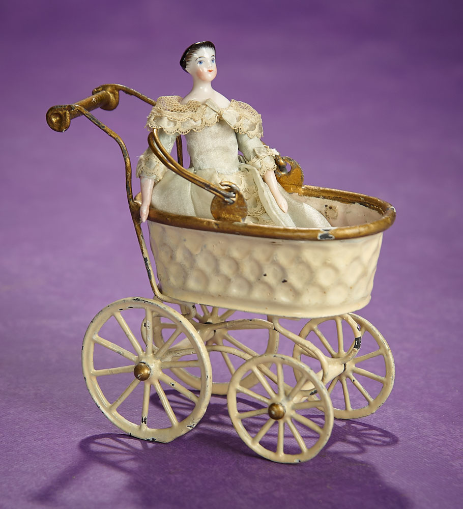 German Tin Doll Carriage by Maerklin with Early Porcelain Doll 400/500