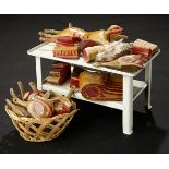 Tinplate Table with Assortment of Carved Wooden Meats, and Basket of Wooden Ducks 600/900