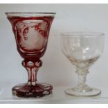19th century Bohemian ruby flashed goblet with etched panel depicting an embracing couple with