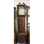 Eight day long case clock, the apparently unsigned painted 13" dial with architectural views in an