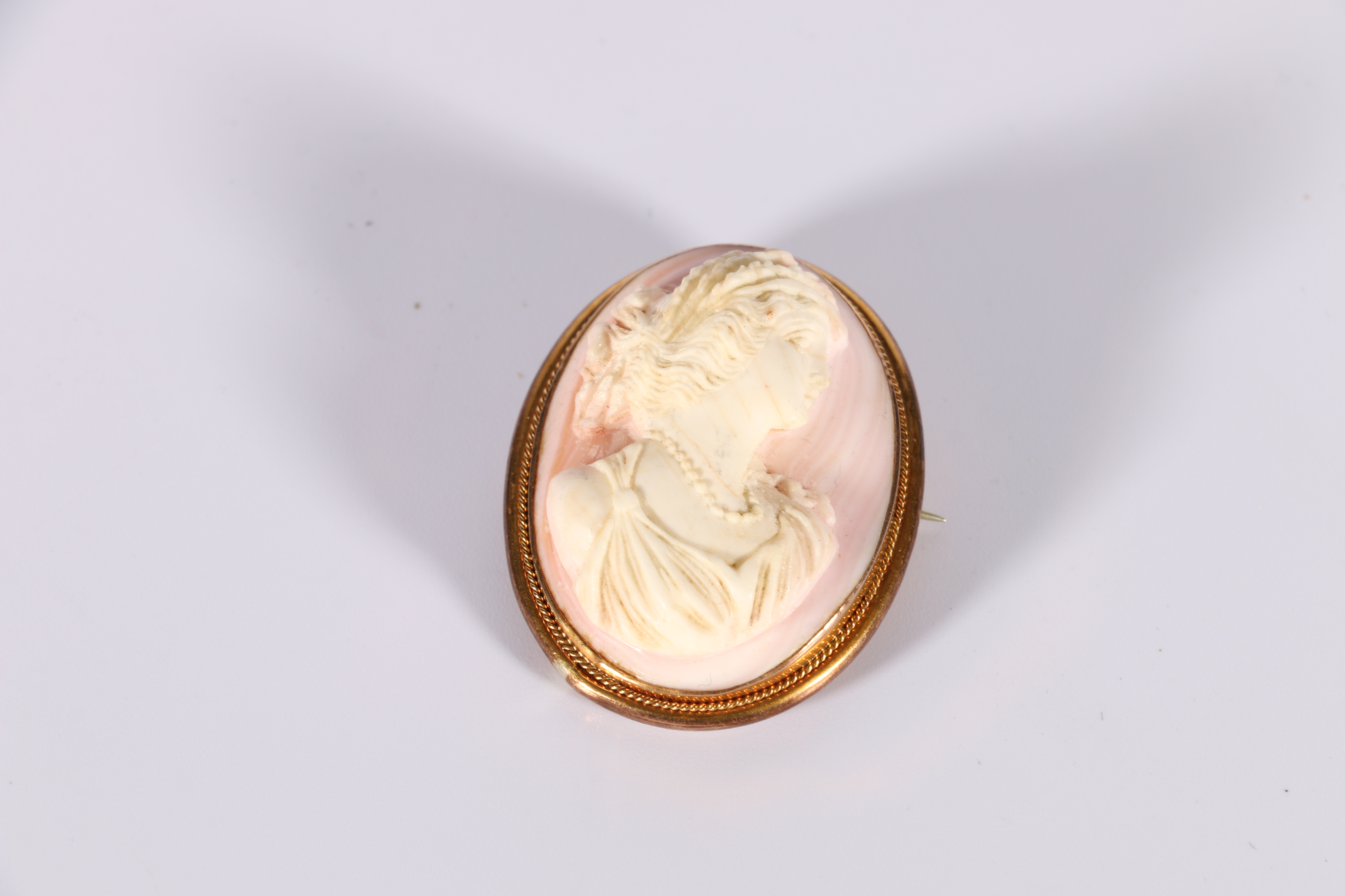 Victorian coral cameo brooch, deeply carved with the head of a woman, '10ct'.