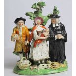 Early 19th century Derby Tythe Pig group with farmer, wife and parson standing on naturalistic