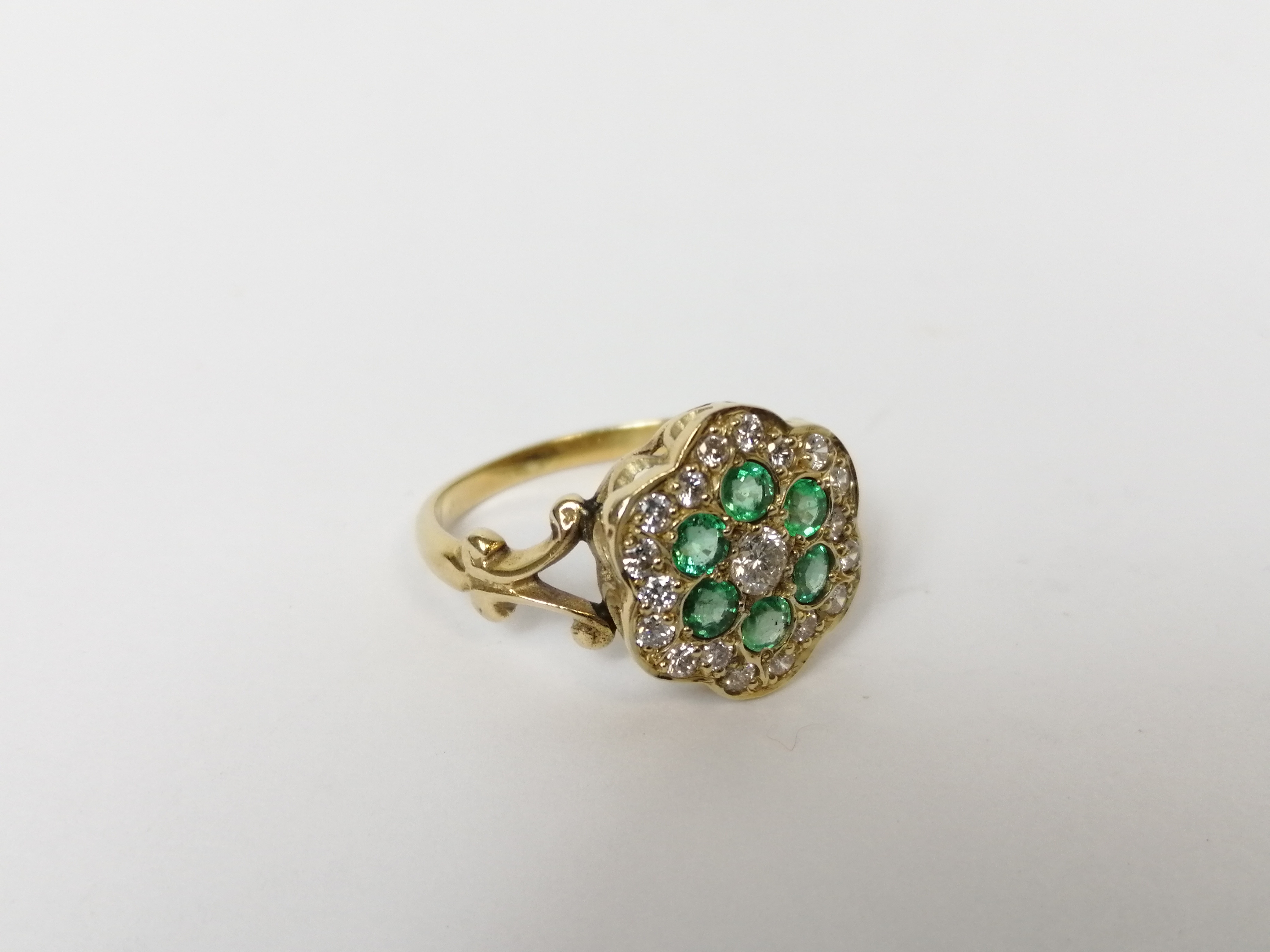 Emerald and diamond cluster ring, probably 18ct gold. Size 'M½'. - Image 2 of 9