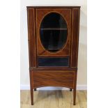 Edwardian inlaid mahogany display cabinet with central glazed roundel and side opening glazed