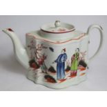 Late 18th century New Hall porcelain teapot of silver shape, decorated with Chinese figures in a