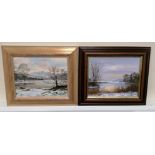 JEFF SUDDERS (b. 1944 CUMBRIAN)"Rydal In Winter" and "Windermere" - two.Oil on board.19.5cm x 24.5cm
