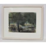 MOLLY LAMB BOBAK."Tooting Bec Pond".Pastel with crayon.6cm x 35cm.Signed, inscribed and dated (19)