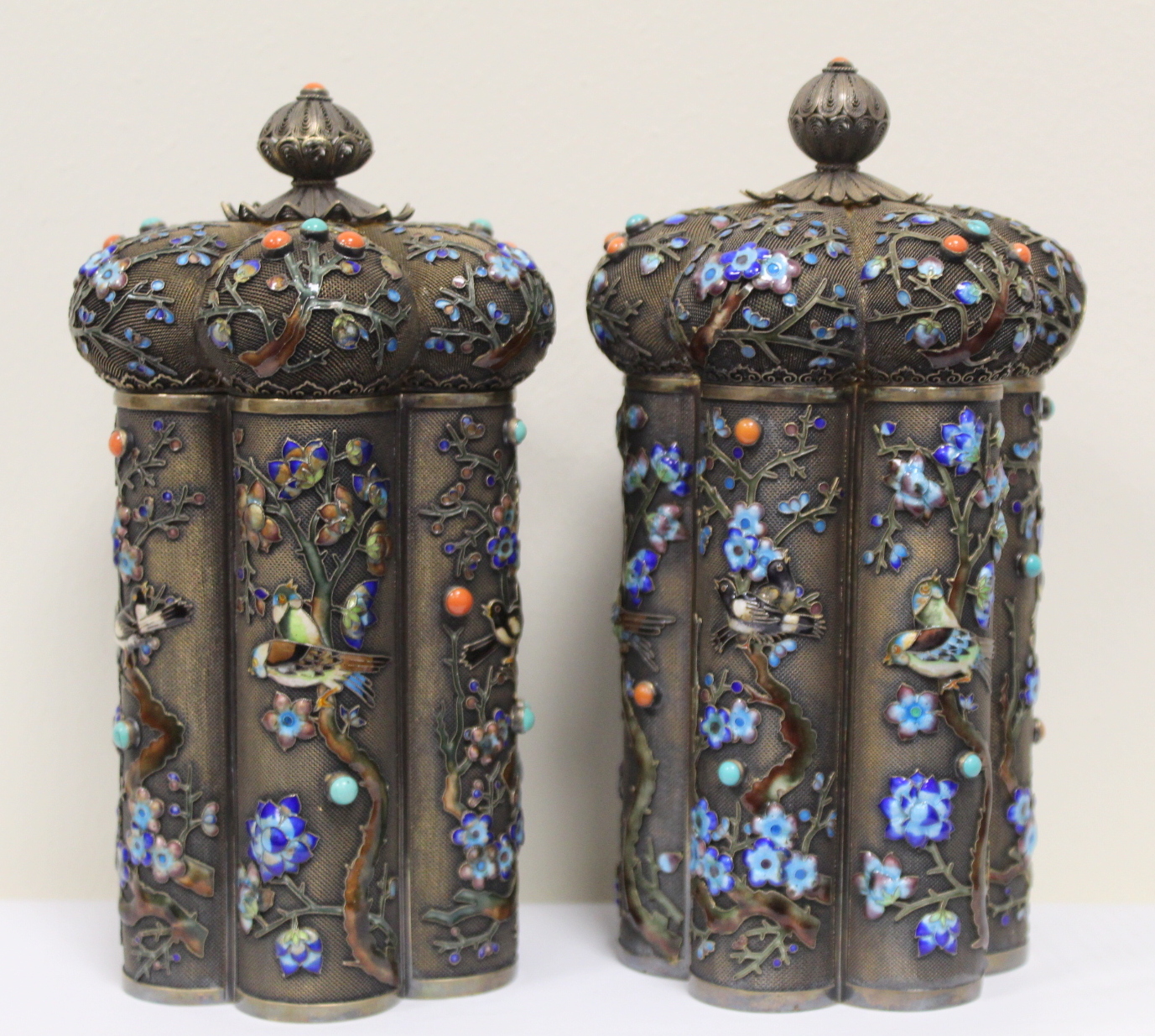 Good pair of early 20th century Chinese silver gilt and polychrome enamel tea caddies of hexafoil