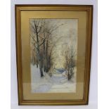MERNY (LATE 19TH/EARLY 20TH CENTURY FRENCH SCHOOL).A path through a snowy wood.Watercolour