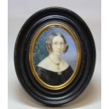 19th century miniature portrait of a lady, watercolour on ivory, 7.5cm x 5.5cm (oval) in oval