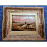 ATTRIBUTED TO JOSEPH HORLOR (1809-1887)Sheep, sunset.Oil on board.10cm x 15.5cm.