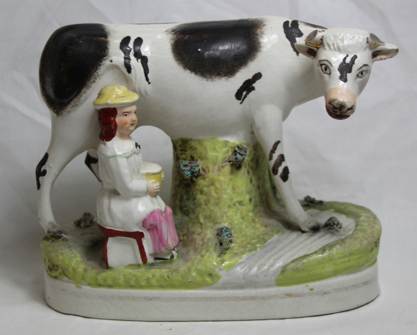 19th century Staffordshire pottery figure of a red and white cow and calf, on naturalistic oval - Image 5 of 7