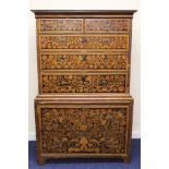 Late 17th century walnut and marquetry chest on chest in the William and Mary style, the front