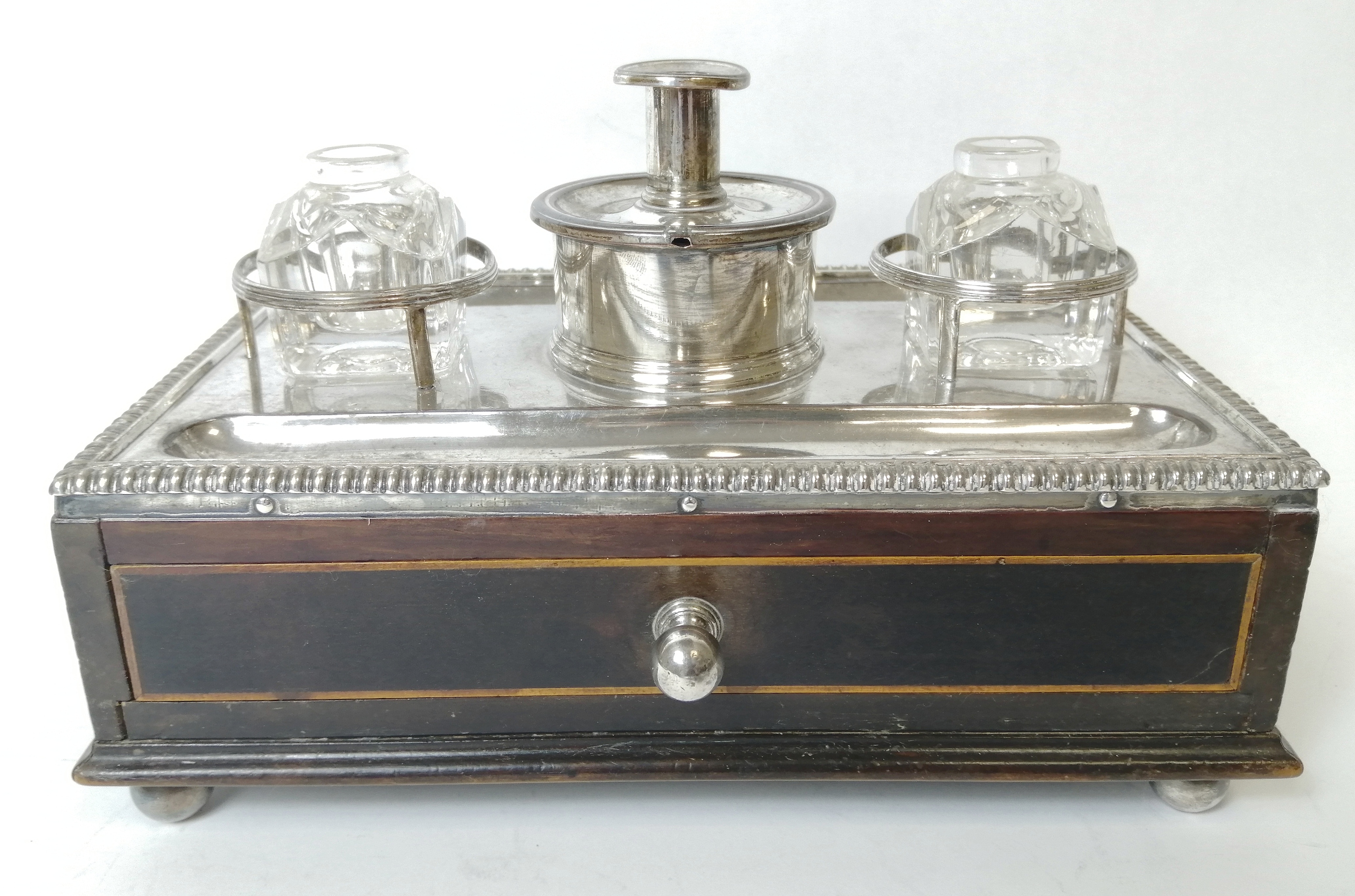 Georgian mahogany box inkstand, with inlaid stringing and Sheffield plated mounts, a pair of similar - Image 2 of 5