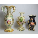 Early 19th century Derby porcelain vase with floral encrustation and moulded gilt foliate scrolling,