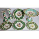 Pair of Copeland and Garrett Spode Felspar Porcelain lobed plates with floral panels, green and gilt
