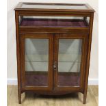 Edwardian inlaid mahogany bijouterie cabinet over two glazed doors, on square tapering supports.