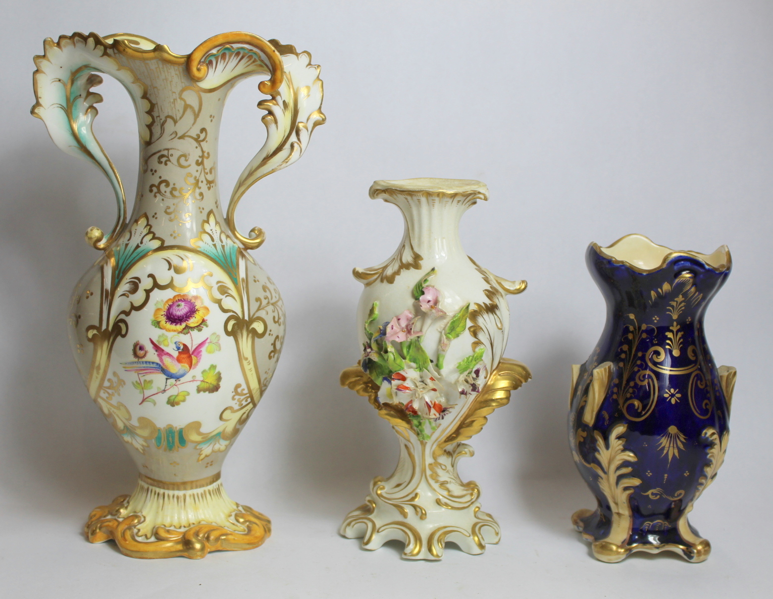 Early 19th century Derby porcelain vase with floral encrustation and moulded gilt foliate scrolling, - Image 2 of 11