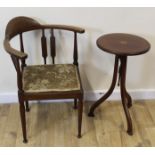 Edwardian mahogany circular wine table on triple supports; also an Edwardian inlaid corner chair (2)
